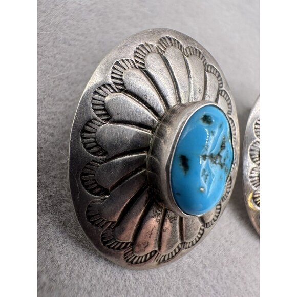 Vintage Navajo Sterling Silver Turquoise Hand-Stamped Concho Oval Post Earrings - Picture 2 of 7
